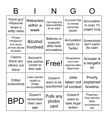 False Accusations Bingo Card