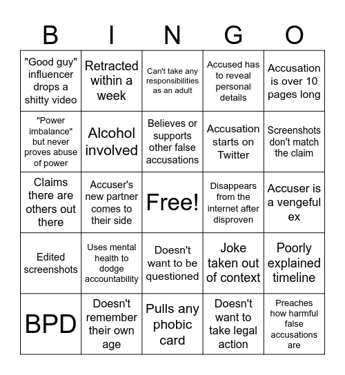 False Accusations Bingo Card