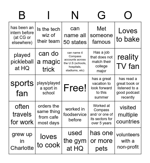 Corporate Intern Farewell Event (check the box off after chatting with a person that fits the description) Bingo Card