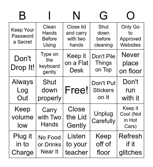 Chromebook Rules and Care Bingo Card