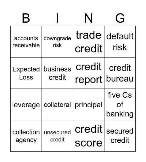 CREDIT TERMS Bingo Card