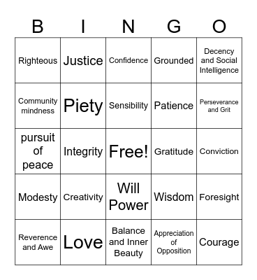 Jewish Values Bingo Card