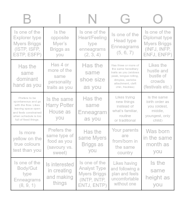 Personality Type Bingo Card