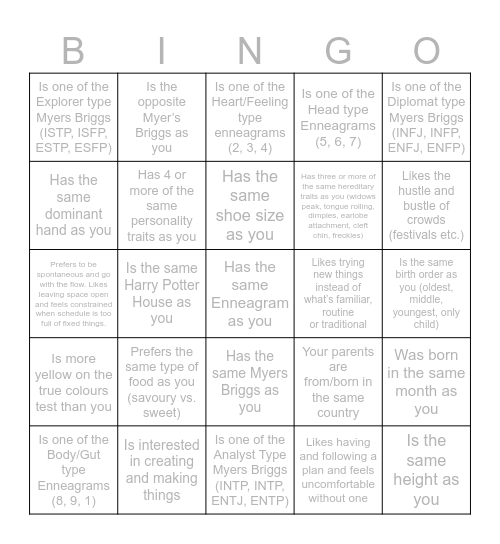 Personality Type Bingo Card