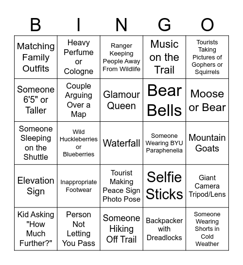 Glacier National Park Day #1 Bingo Card