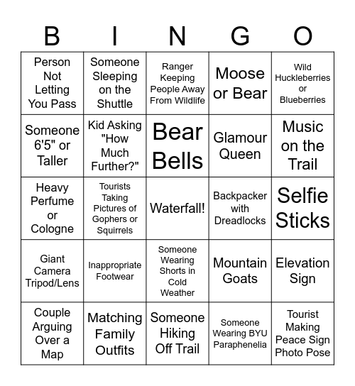 Glacier National Park Day #1 Bingo Card
