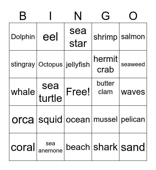Sea Life Bingo Card