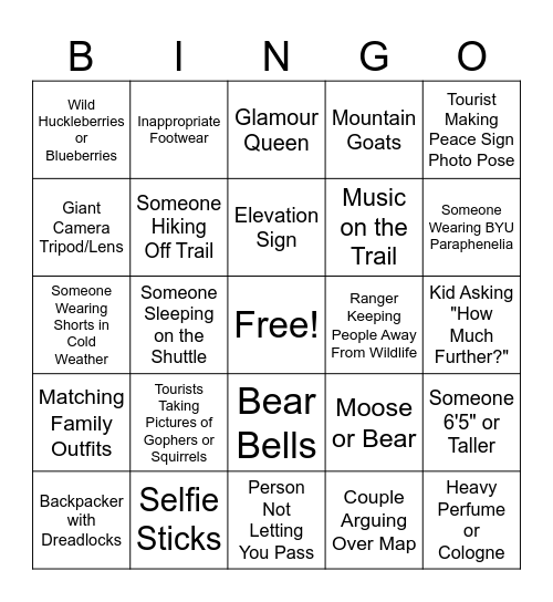 Glacier National Park Day #1 Bingo Card