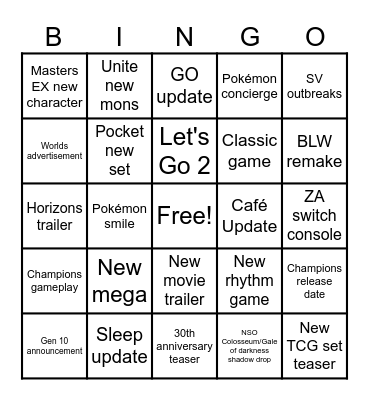 Pokémon Presents Bingo Card
