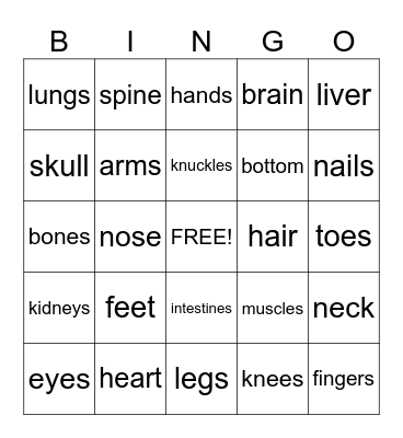Body Parts Bingo Card