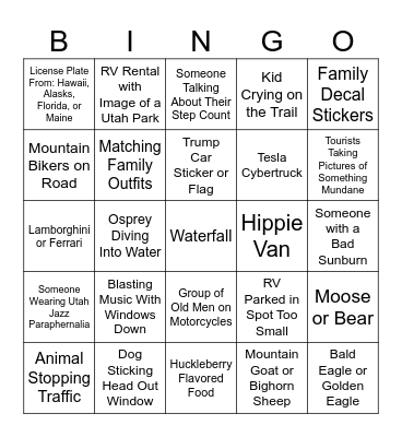 Glacier National Park Day#2 Bingo Card