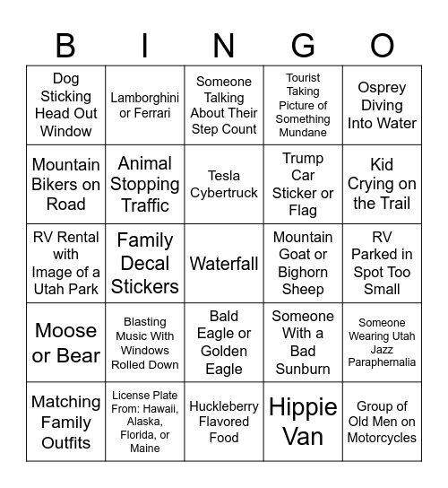 Glacier National Park Day #2 Bingo Card