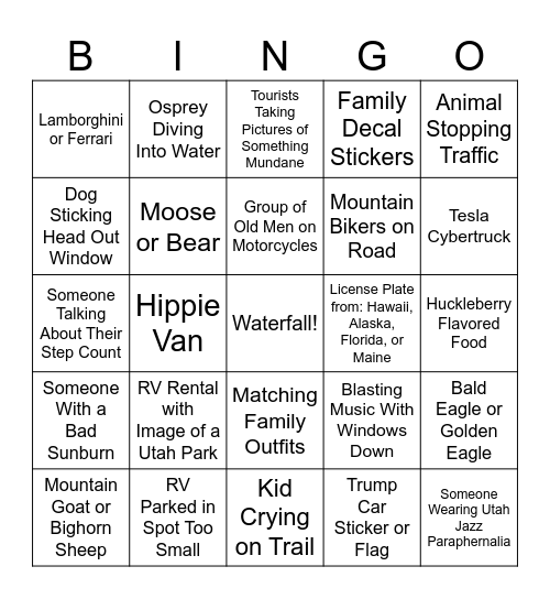 Glacier National Park Day #2 Bingo Card