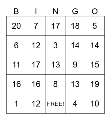 Math facts within 20 Bingo Card