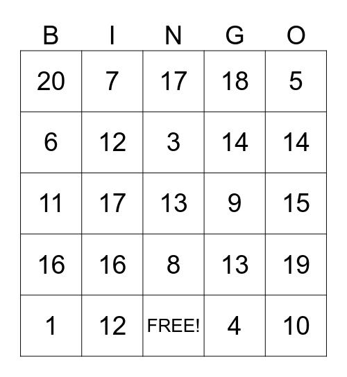 Math facts within 20 Bingo Card