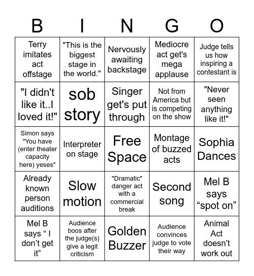America's Got Talent Bingo Card