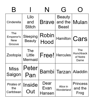 Disney/Musicals 2025 Bingo Card