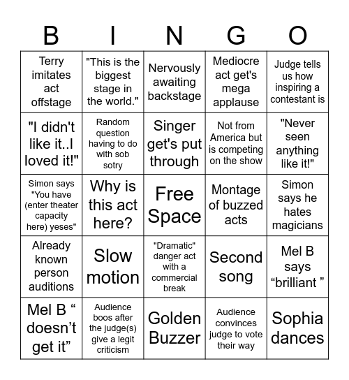America's Got Talent Bingo Card