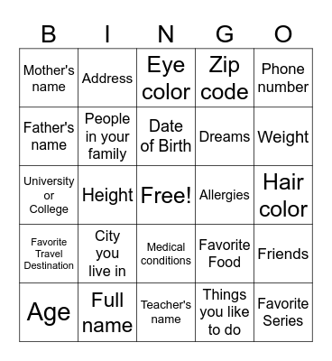 Personal information Bingo Card