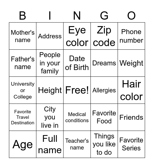 Personal information Bingo Card