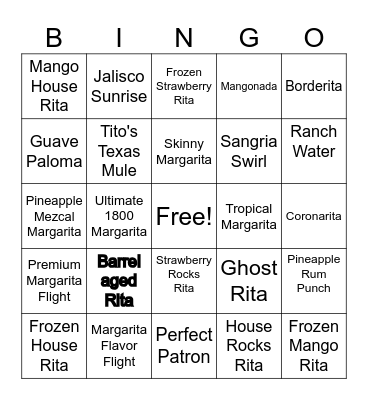 Liqour/Margarita Bingo Card