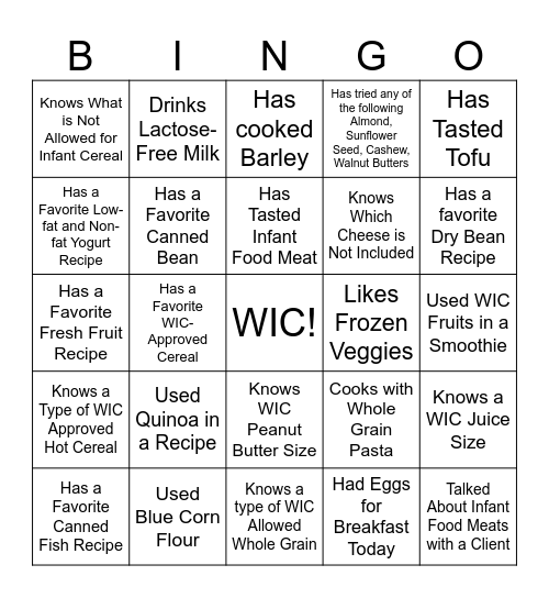Getting To Know You - WIC Foods Edition Bingo Card