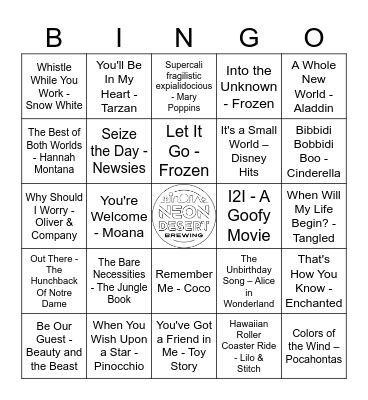 Disney Music Bingo Card
