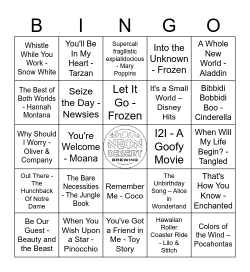 Disney Music Bingo Card