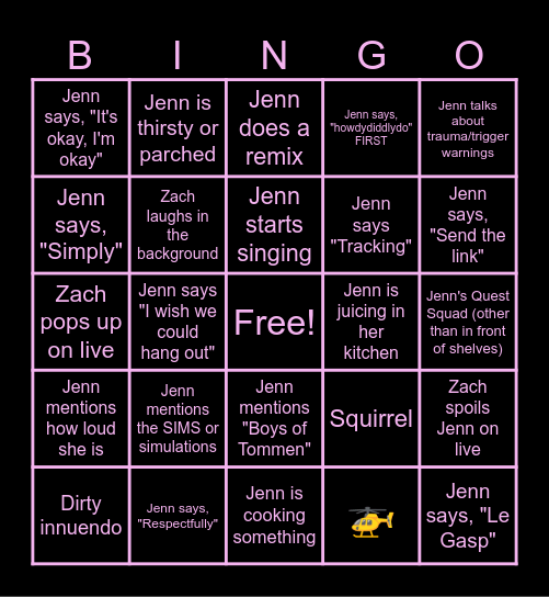 Jenn's Live Bingo Card