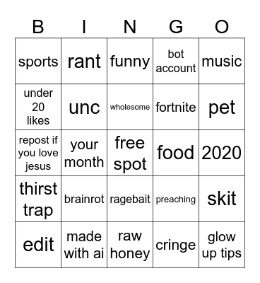 tiktok Bingo Card