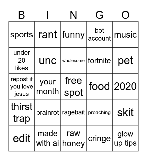 tiktok Bingo Card