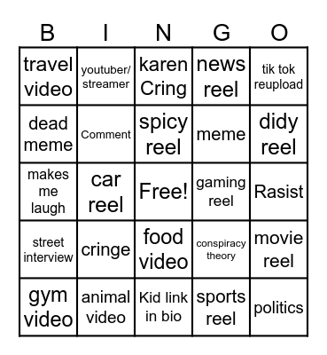 Instagram reel bingo Card