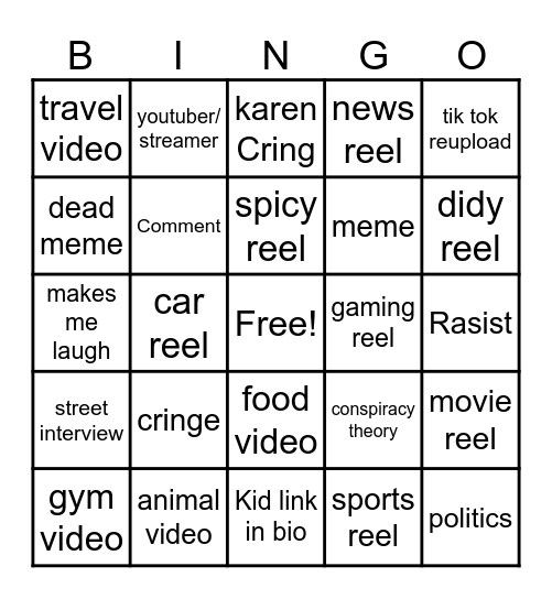 Instagram reel bingo Card