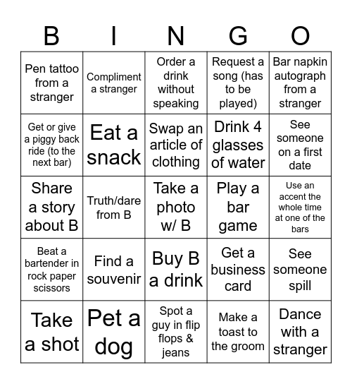 Brendan's Bar Crawl Bingo Card