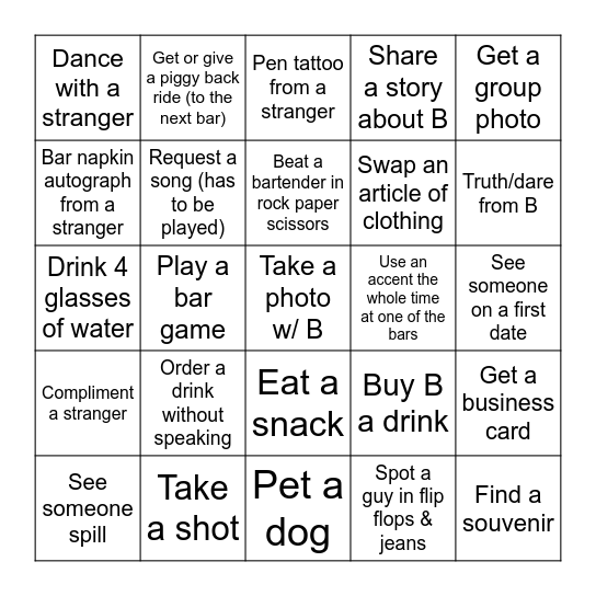 Brendan's Bar Crawl Bingo Card