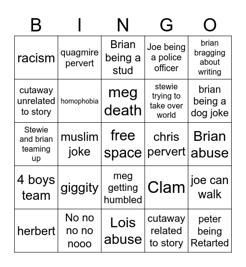 family guy bingo Card