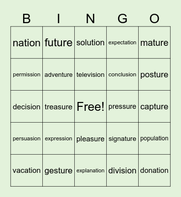 Suffix -tion, -sion, -ture, -sure Bingo Card