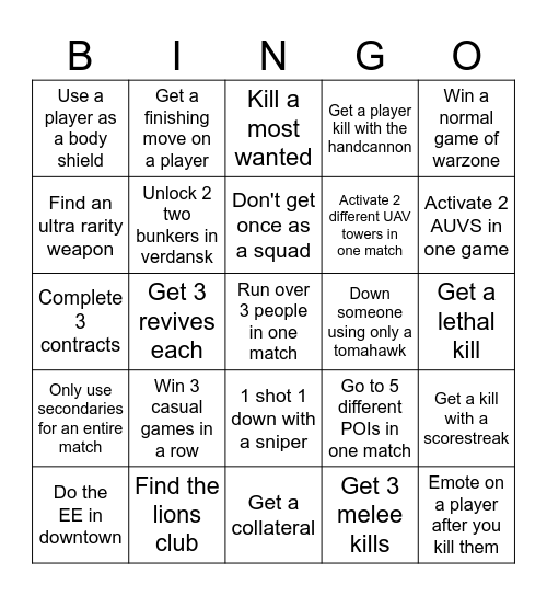 Warzone Bingo Card