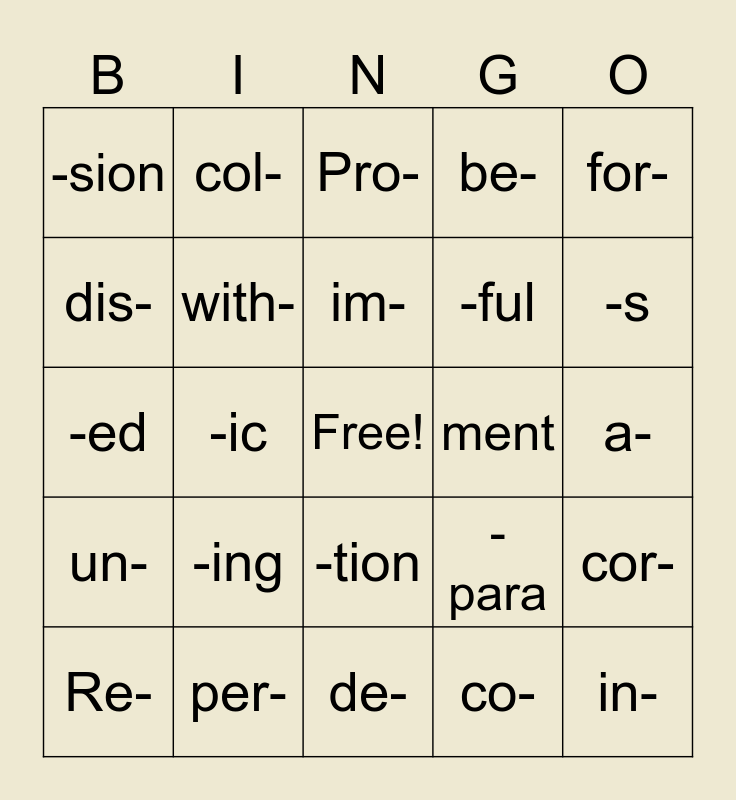 Prefixes and Suffixes Bingo Card