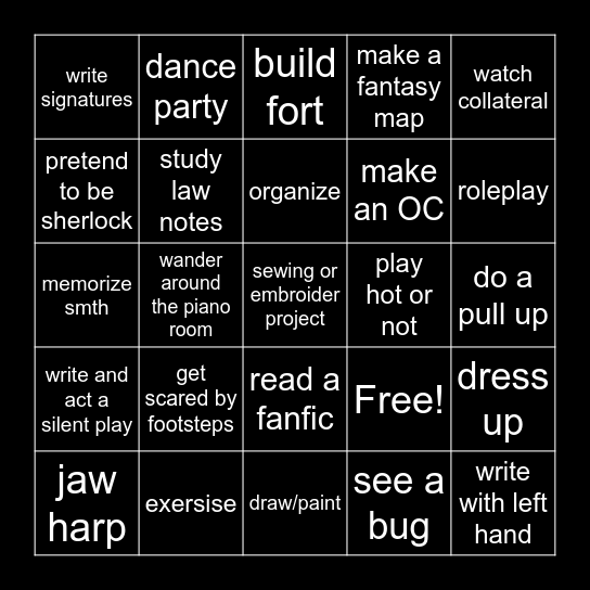 All Nighter Bingo Card