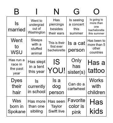 Find a "Bridesmaid" who... Bingo Card