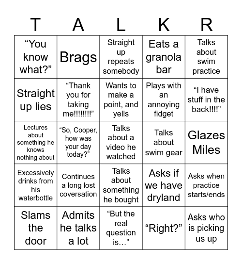 Walker Car Bingo Card