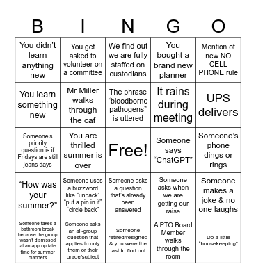 Back to School Bingo Card
