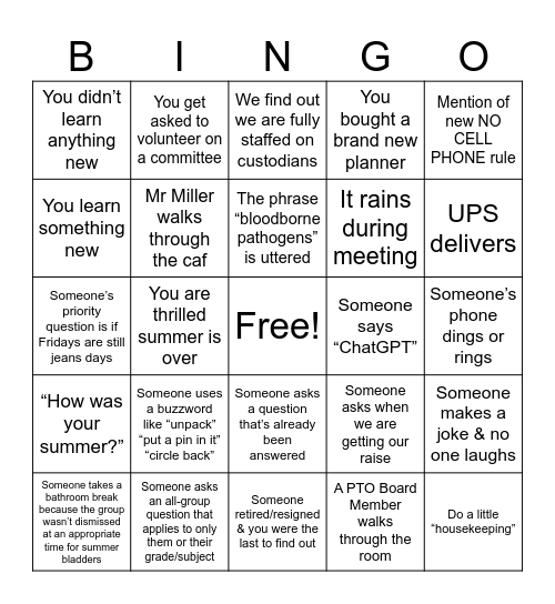 Back to School Bingo Card