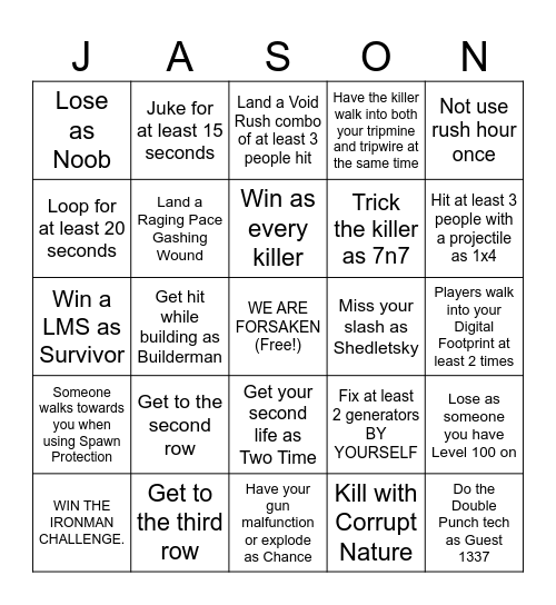 Forsaken Ironman Challenge Bingo Card