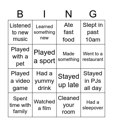 School Holiday Bingo! Bingo Card