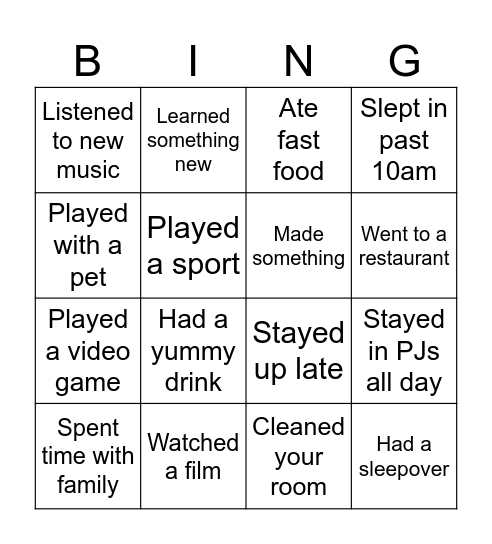 School Holiday Bingo! Bingo Card