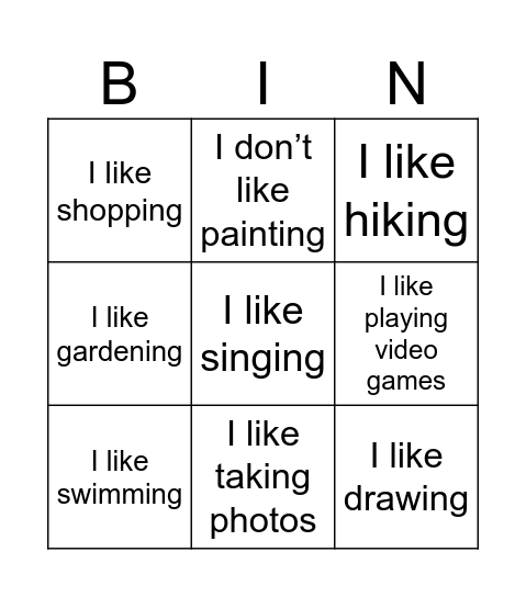 Hobbies Bingo Card