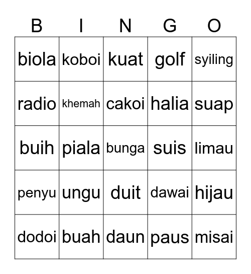 Diftong, Digraf & Vokal Berganding Bingo Card