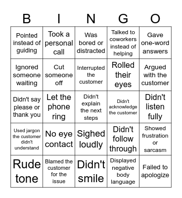 Bad Service Bingo Card